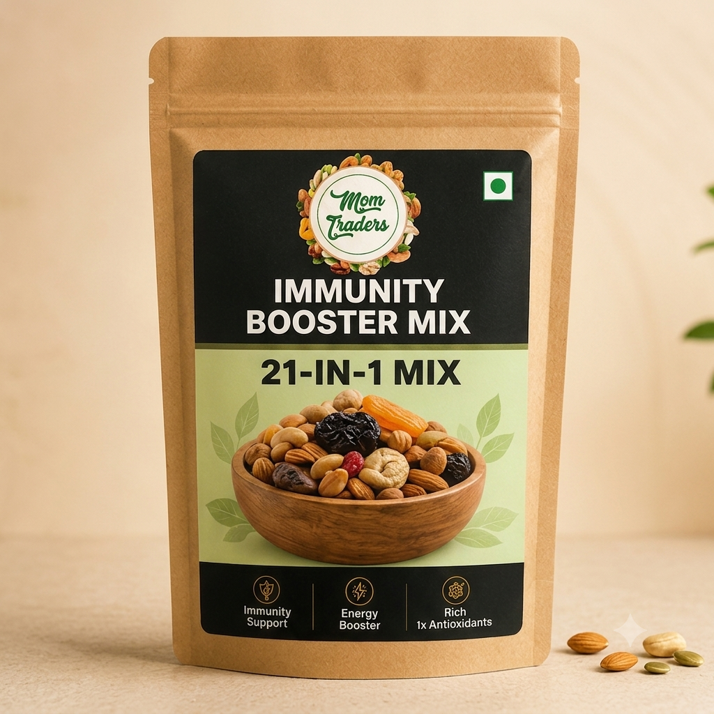 A stand-up pouch of Mom Traders Immunity Booster Mix 21-in-1 Mix, featuring a kraft paper bag with a black and light green label, set against a warm beige background with a few scattered almonds in the foreground.