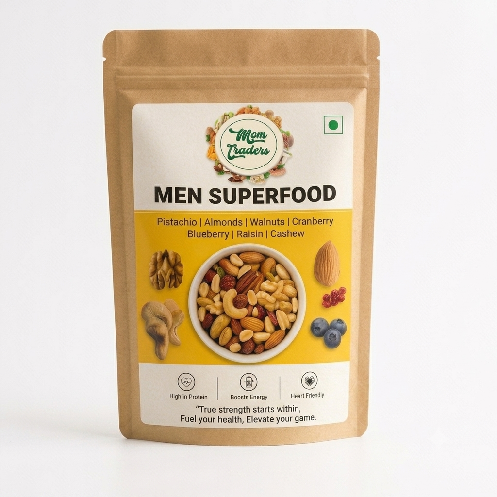 A stand-up pouch of Men Superfood nuts and dried fruits by Mem Traders, featuring a kraft paper package with a large white and yellow label showing a bowl of mixed nuts and ingredients like pistachio, almonds, walnuts, cranberry, blueberry, raisin, and cashew, brazilnut, hazelnut