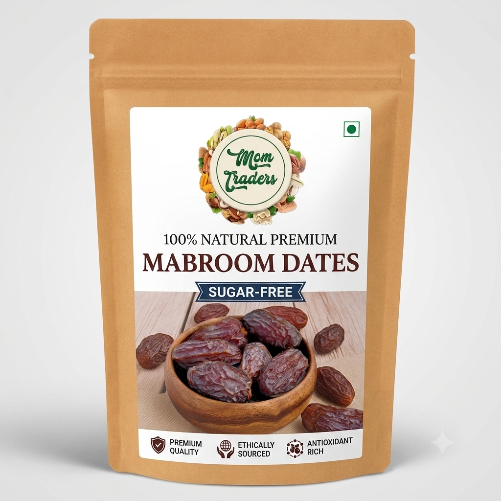 A stand-up pouch of Mom Traders 100% Natural Premium Mabroom Dates, sugar-free. The packaging is a light brown kraft paper style with a large white label showing a bowl of dates and product details.