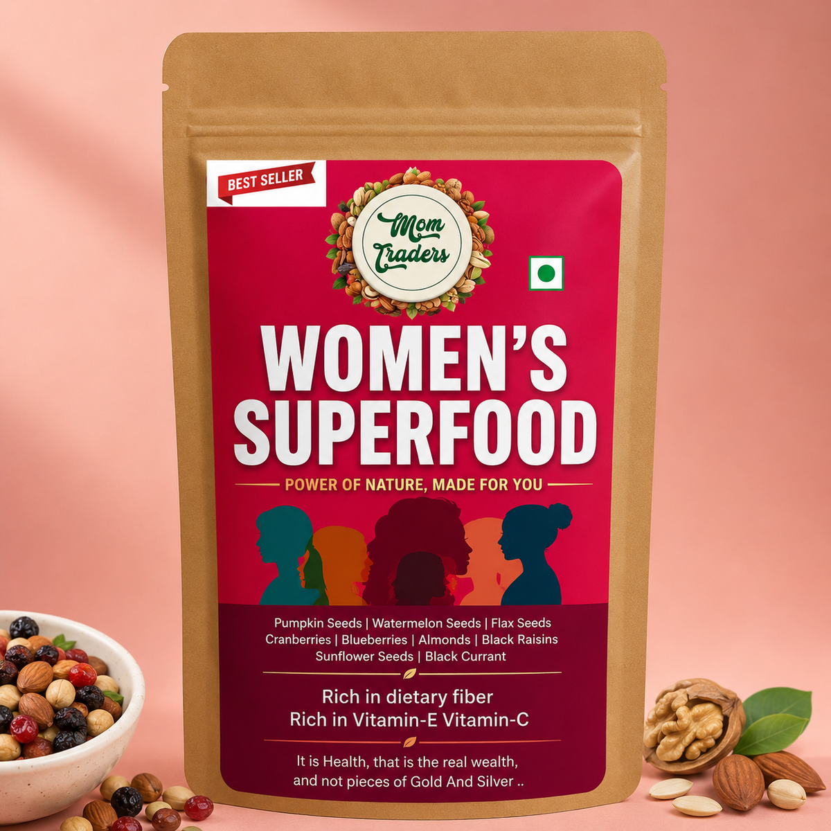 Package of 'Women's Superfood' with a pink background and buts in bowl and walnuts and almonds in side of table.