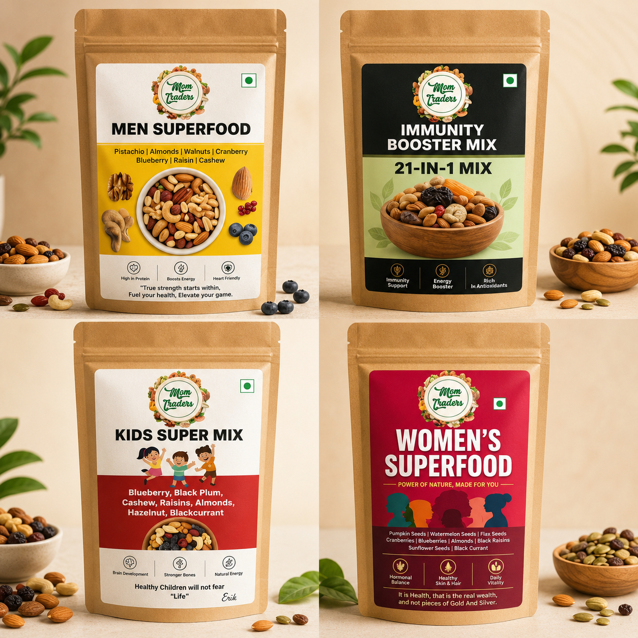 Four stand-up pouches of Mom traders's  nutritional snack mixes arranged in a 2x2 grid on a beige background with decorative bowls of nuts and dried fruits. The packages are labeled Men Superfood, Kids Super Mix, Women's Superfood, and Immunity Booster Mix 21-in-1.