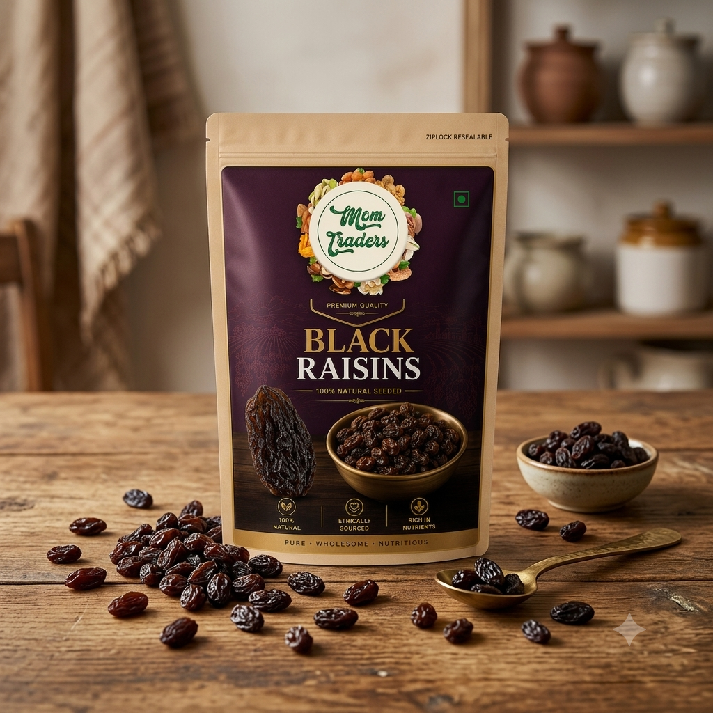 A stand-up pouch of Mom traders Black Raisins on a rustic wooden table, with loose raisins scattered around and small bowls of raisins in the background.
