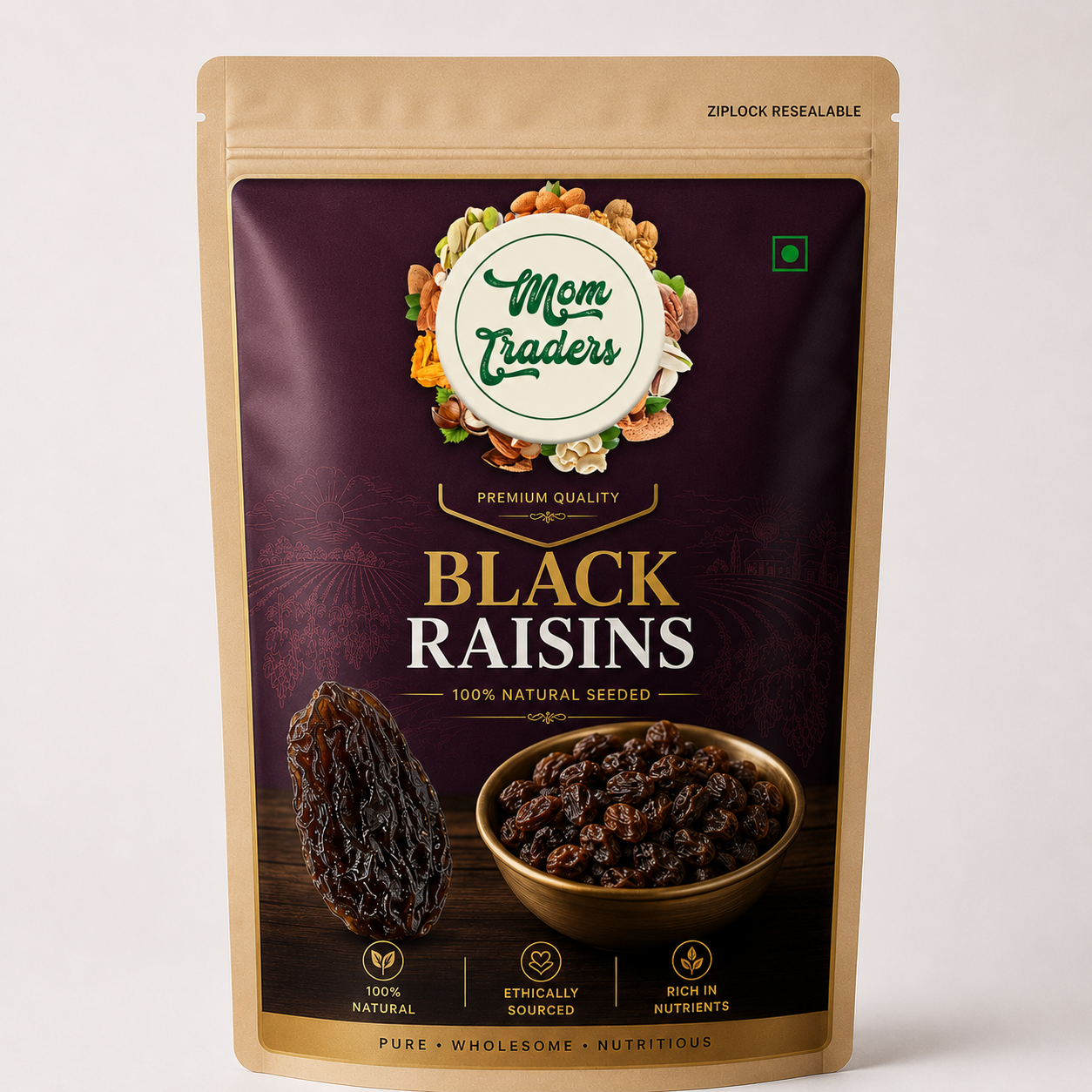 A stand-up resealable pouch of Mom Traders Black Raisins on a light gray background. The packaging is dark purple with gold and white text, featuring a photo of a single raisin and a bowl of raisins on the front.