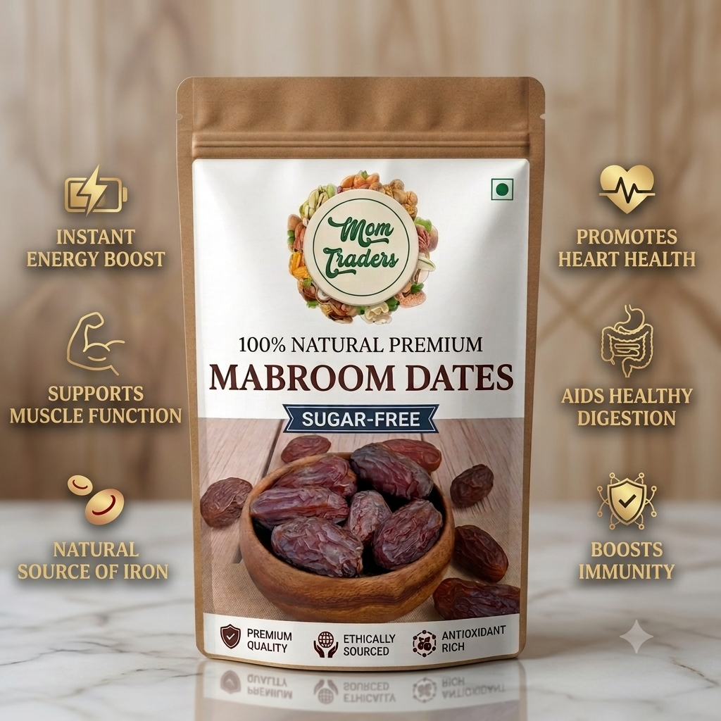 A stand-up pouch of Mom Traders 'Mabroom Dates' sugar-free dates, displayed on a marble surface with a warm wooden background. The packaging is brown and white with a photo of dates in a bowl.