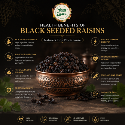 An infographic banner detailing the health benefits of black seed raisins, featuring a central bowl of dried black seeds on a rustic wooden background with various text callouts and a 'Mom traders' brand logo at the top.