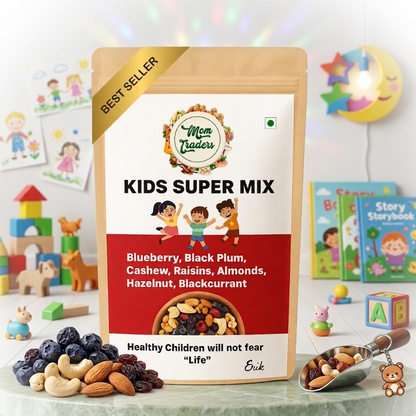 A stand-up pouch of Mrs. Trader Kids Super Mix snack mix displayed on a marble surface with loose nuts, a scoop, and children's toys in the background.