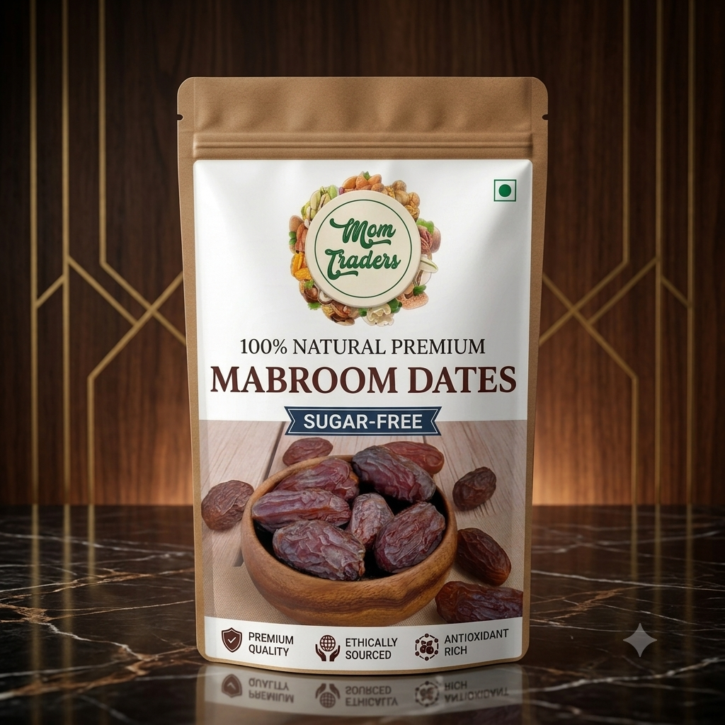 A stand-up pouch of Mom Traders 100% Natural Premium Mabroom Dates, sugar-free, displayed on a dark marble surface against a dark wood-paneled background.