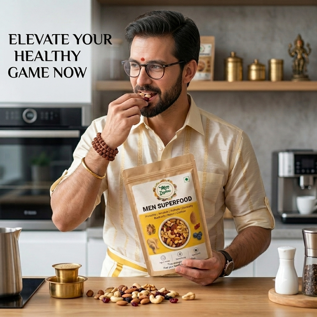 A man in a kitchen holding a bag of Men Superfood snack mix, with nuts scattered on the counter in front of him. The text 'ELEVATE YOUR HEALTHY GAME NOW' is displayed on the top left.