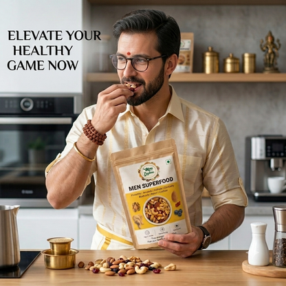 A man in a kitchen holding a bag of Men Superfood snack mix, with nuts scattered on the counter in front of him. The text 'ELEVATE YOUR HEALTHY GAME NOW' is displayed on the top left.