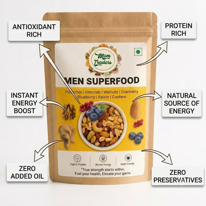A stand-up pouch of Men Superfood nuts and dried fruits by Mom Trader, shown on a light gray background with multiple callout text boxes around it describing benefits like antioxidant rich, protein rich, instant energy boost, natural source of energy, zero added oil, and zero preservatives.