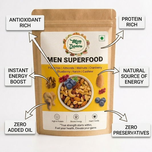 A stand-up pouch of Men Superfood nuts and dried fruits by Mom Trader, shown on a light gray background with multiple callout text boxes around it describing benefits like antioxidant rich, protein rich, instant energy boost, natural source of energy, zero added oil, and zero preservatives.