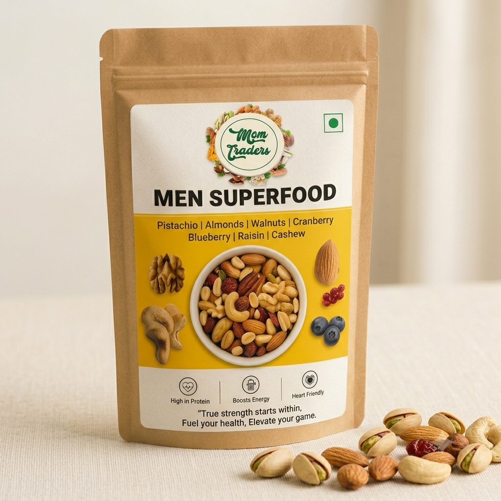 A stand-up pouch of Mom Trader's Men Superfood nuts and dried fruits, displayed on a light beige surface with scattered pistachios in the foreground.