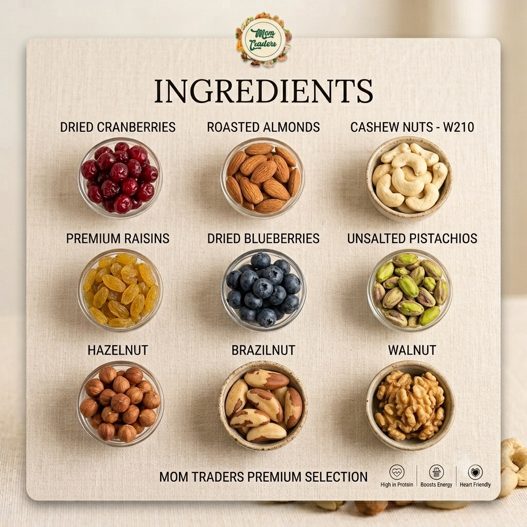 An ingredients display board featuring nine small glass bowls of nuts, dried fruits, and seeds labeled with names such as dried cranberries, roasted almonds, cashew nuts, premium raisins, dried blueberries, unsalted pistachios, hazelnut, brazilnuts, and walnut. The board is branded with mom traders logo at the top and 'Mom Traders Premium Selection' at the bottom.