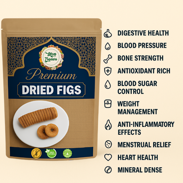  "Premium natural dried figs rich in fiber and nutrients, freshly packed by Mom Traders."