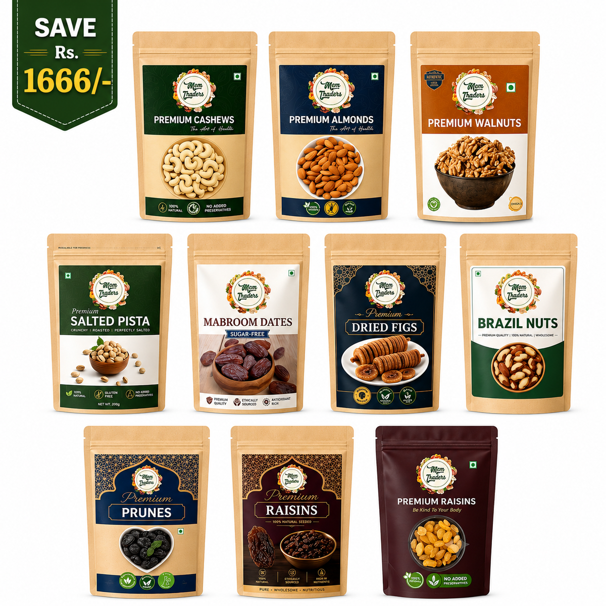 Super Saver 2kg Combo - High Value (Set of 10 - Cashews, Almonds, Walnuts, Pista, Dates, Figs, Brazil Nuts, Prunes, Raisins & Black Raisins)