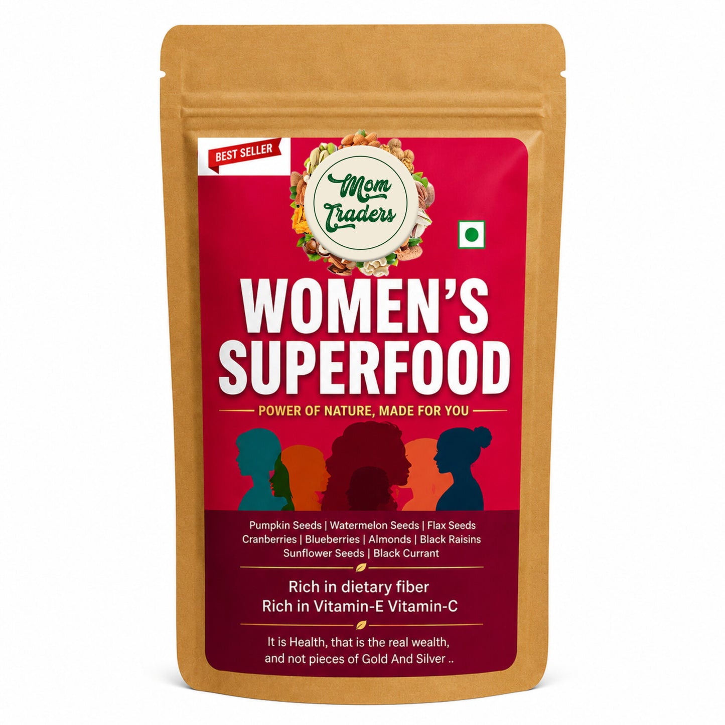 Package of 'Women's Superfood' with a red label and brown sides on a white background
