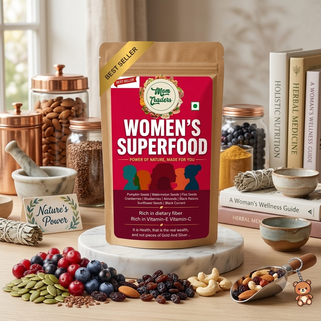 A stand-up pouch of Mom Nature's Women's Superfood placed on a marble pedestal in a styled kitchen setting with jars of seeds, berries, nuts, books, and small bowls around it.