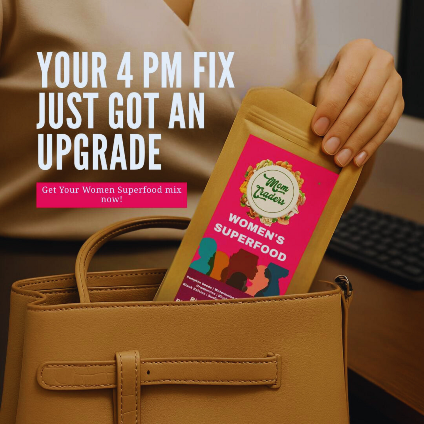 Hand holding a package of 'Women's Superfood' mix with promotional text overlay.